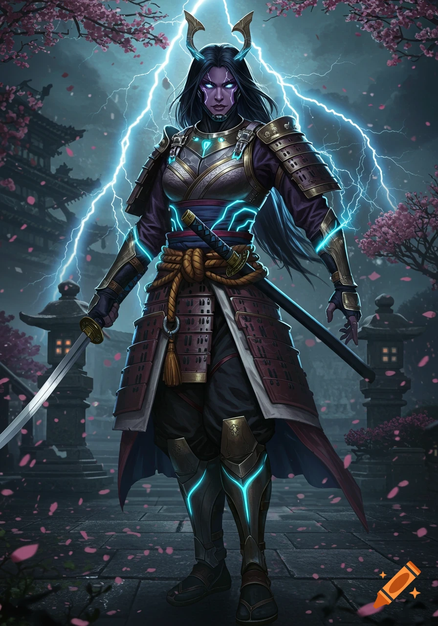 A purple-skinned female samurai warrior with glowing eyes and lightning-accented armor holds a katana in a stormy Japanese garden with cherry blossoms.