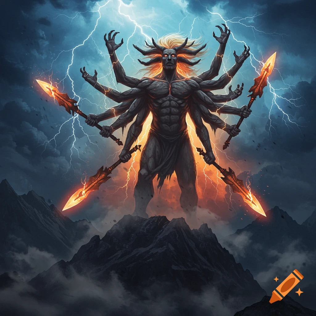 A towering multi-armed muscular creature with glowing red eyes and fiery hair stands atop a mountain, holding flaming spears amidst a lightning storm.