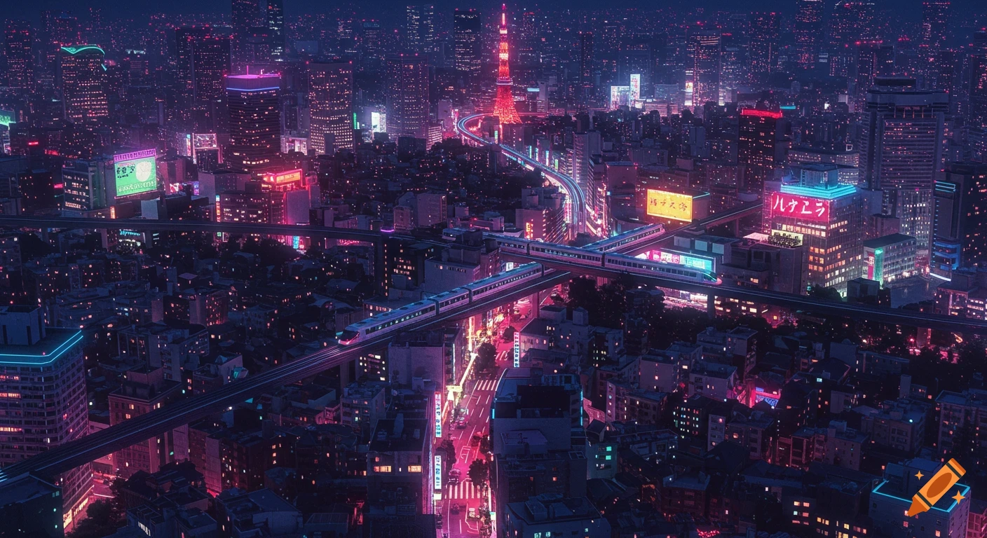 An aerial view of a vibrant Tokyo cityscape at night, illuminated by numerous pink and blue neon lights. Elevated train tracks weave through the city, with a prominent red Tokyo Tower in the distance. The scene has a retro-futuristic aesthetic.
