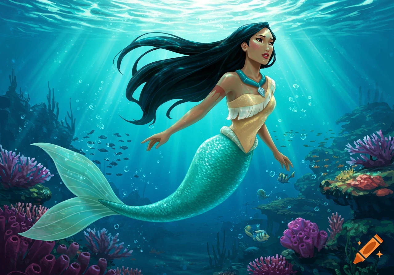 Pocahontas as a mermaid swims gracefully through a vibrant, sunlit coral reef in a stylized illustration.