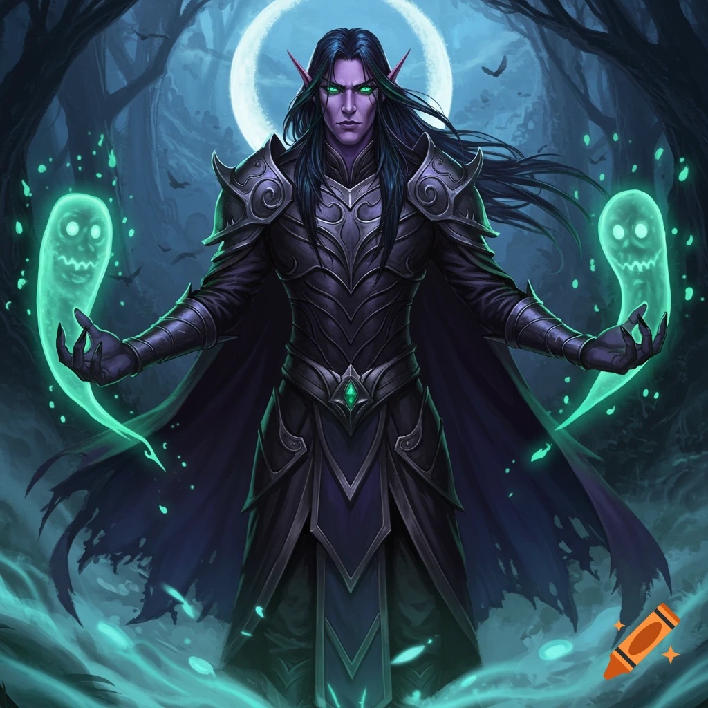 A dark elf warlock with green eyes and long black hair conjures two glowing green ghosts in a dark, misty forest, anime style.