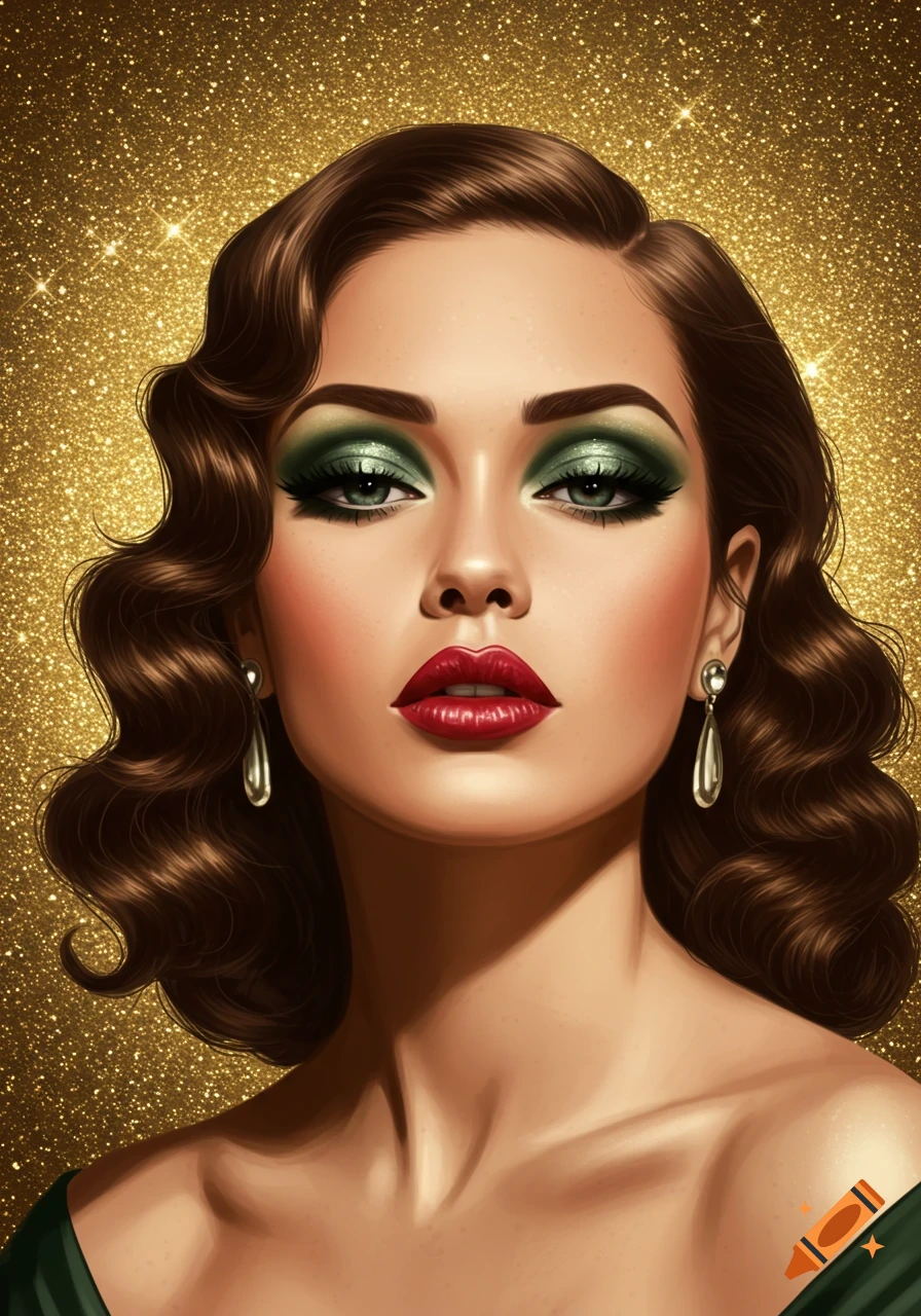 Stylized portrait of a woman with green eyeshadow, red lipstick, wavy brown hair, and drop earrings against a sparkly gold background.