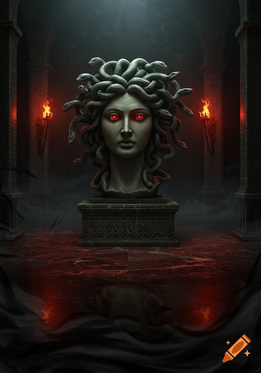 A dark fantasy art of a Medusa head statue with glowing red eyes and snakes for hair, on a pedestal in a torch-lit, foggy labyrinth.