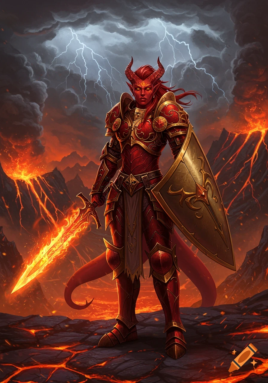 A red-skinned dragonborn paladin in ornate red and gold armor, holding a flaming sword and shield, stands in a volcanic landscape with lightning.