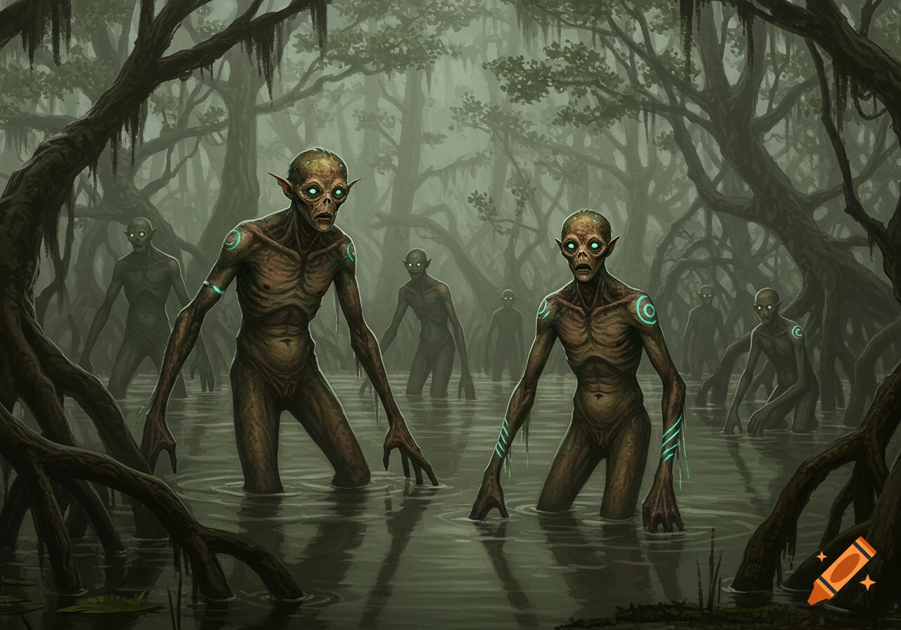 Several gaunt, pale-skinned humanoids with glowing eyes and long limbs stand in a murky swamp filled with gnarled trees.