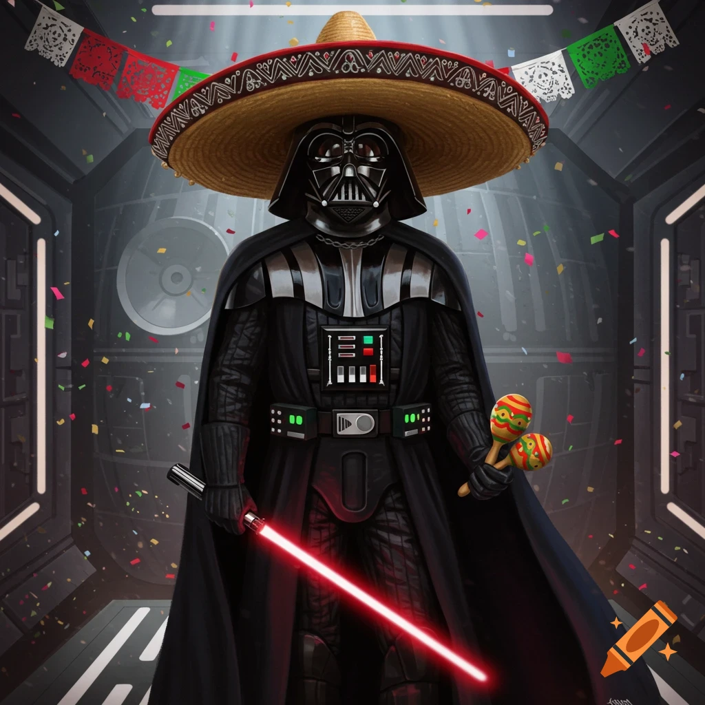 Darth Vader in a sombrero holds a lightsaber and maracas on the Death Star, with confetti and colorful banners.
