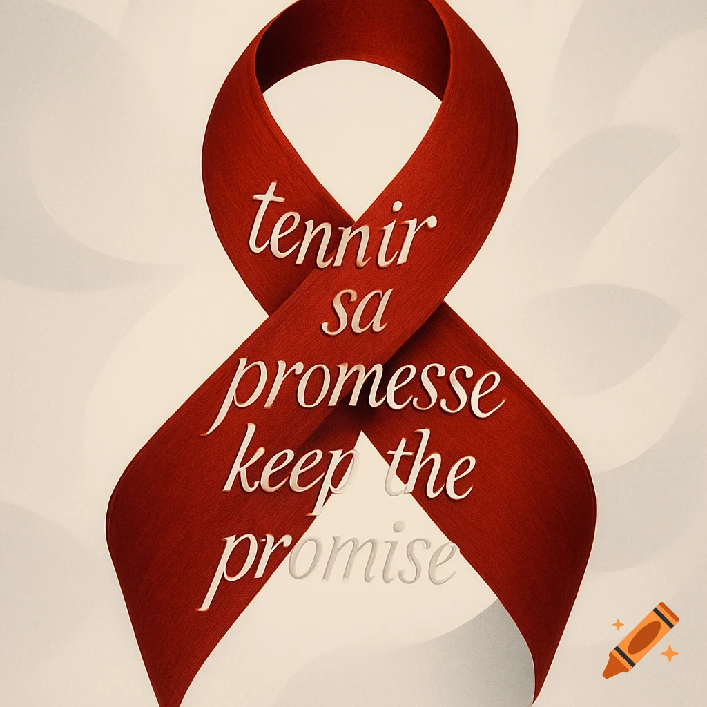 A red AIDS awareness ribbon with the text 'tennir sa promesse keep the promise' on a light background.