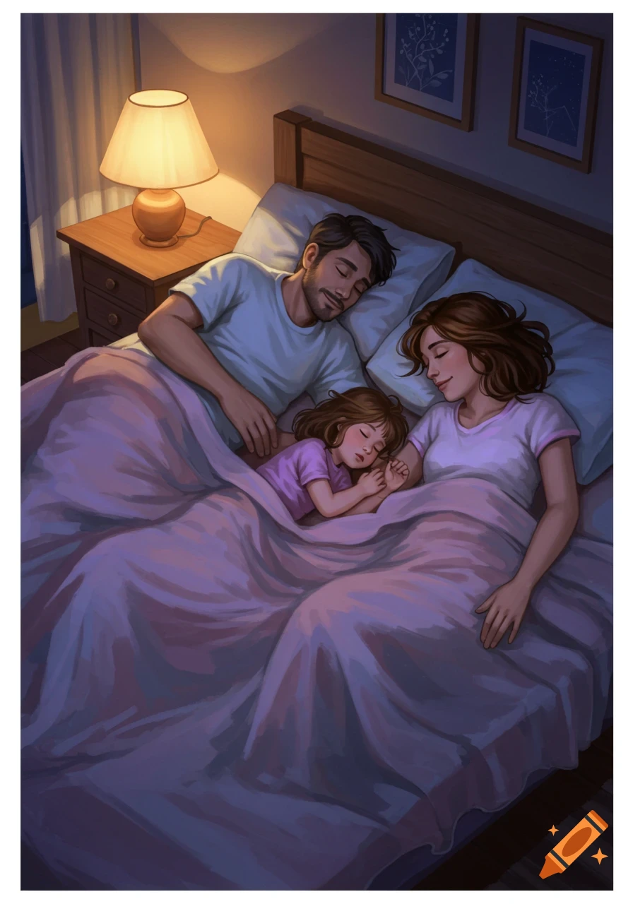 A digital illustration of a father, mother, and small child sleeping peacefully together in a warm, dimly lit bed.