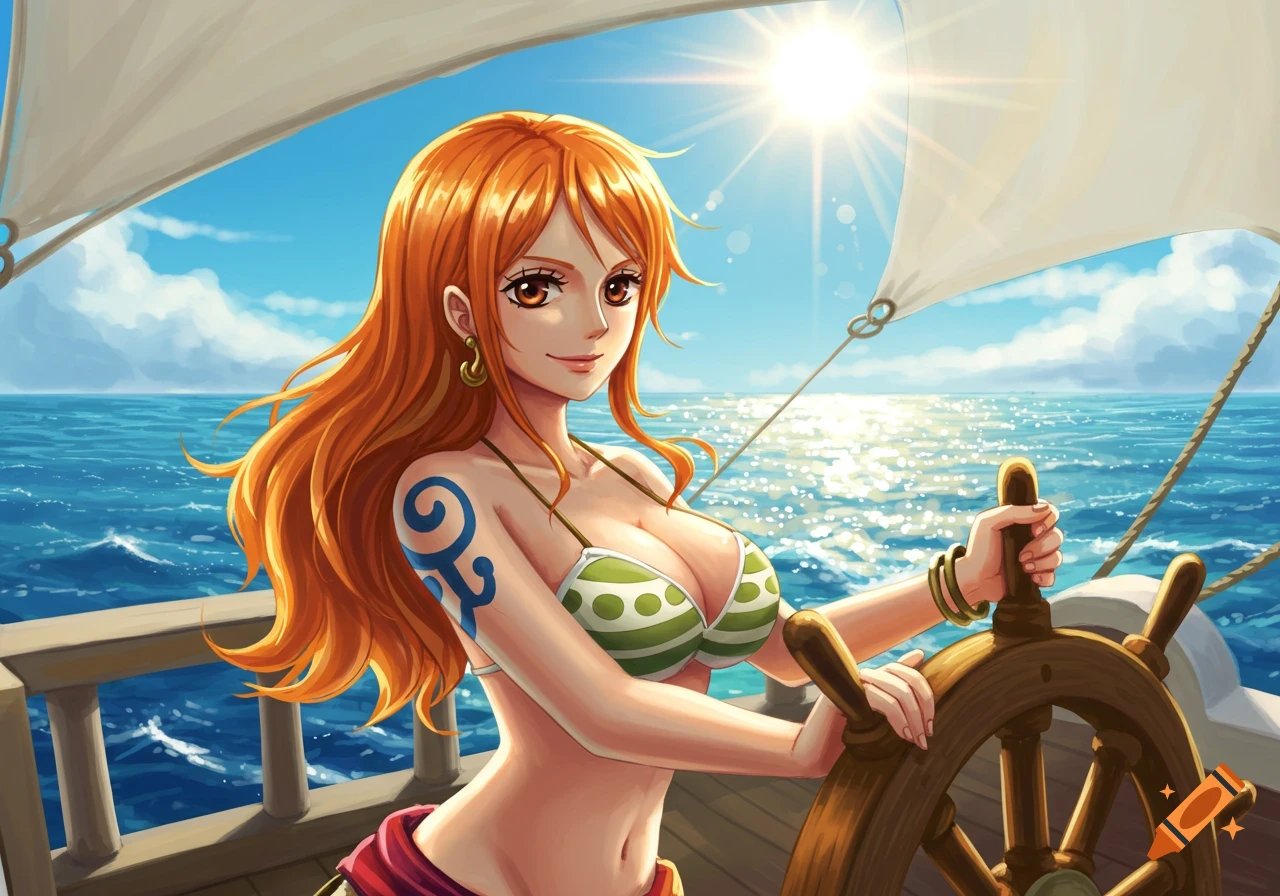 Anime illustration of Nami from One Piece, with orange hair and a green bikini, steering a ship on a sunny ocean.
