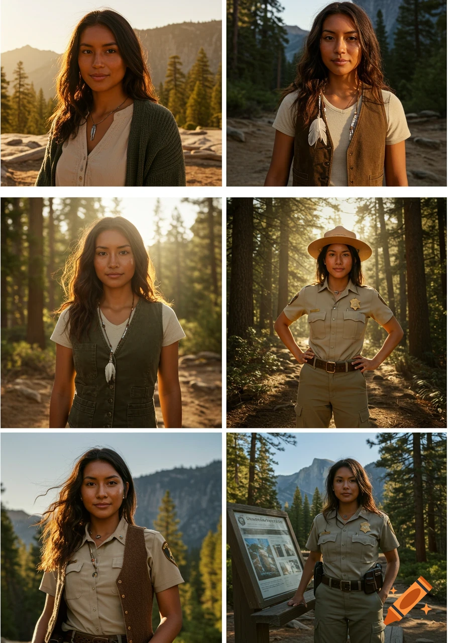Six photorealistic portraits of a woman, sometimes dressed as a park ranger, posing outdoors in Yosemite National Park.