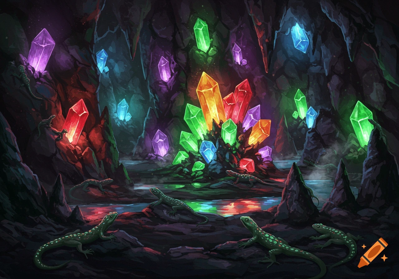 A dark fantasy cave filled with numerous colorful, glowing crystals and green spotted lizards on the rocks around reflective pools of water.