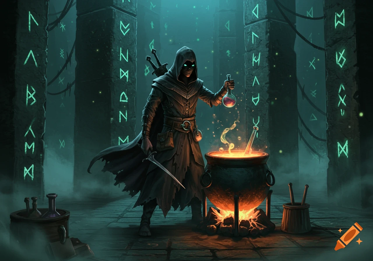 A hooded dark fantasy alchemist in black robes brews a glowing potion in a cauldron in an eerie, rune-covered labyrinth.