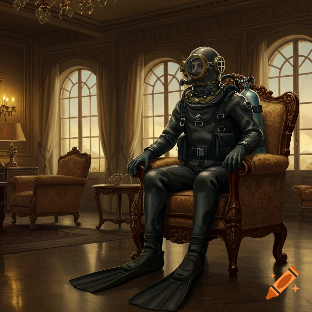 A person in a black full-body diving suit with flippers and a helmet mask sits in a richly decorated armchair in an opulent room with large arched windows.