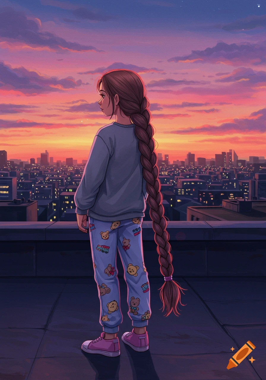 Anime girl with a long braid, wearing a sweatshirt and teddy bear sweatpants, on a rooftop overlooking a city at sunset.