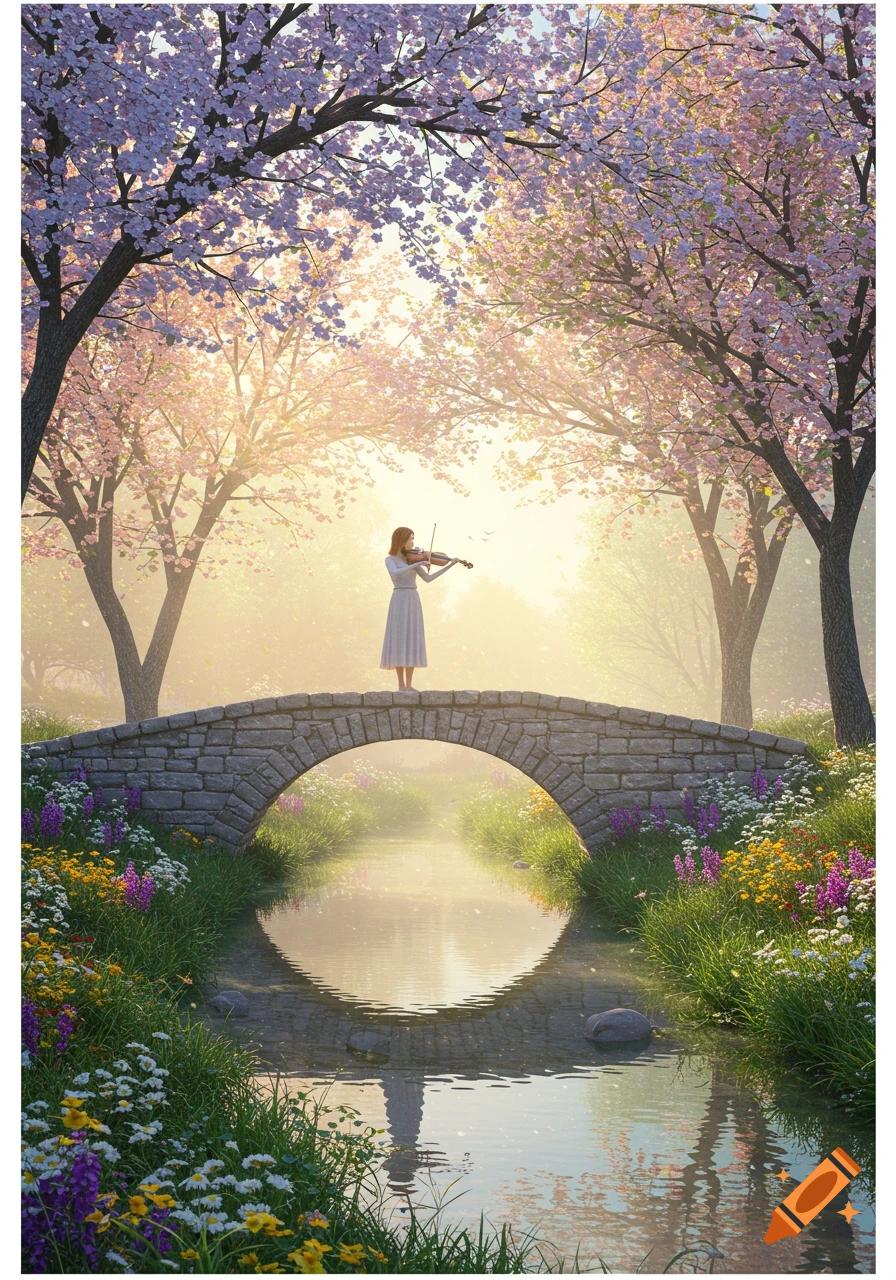A woman plays violin on a stone bridge over a stream, surrounded by blooming cherry trees and wildflowers in a misty, sunlit landscape.