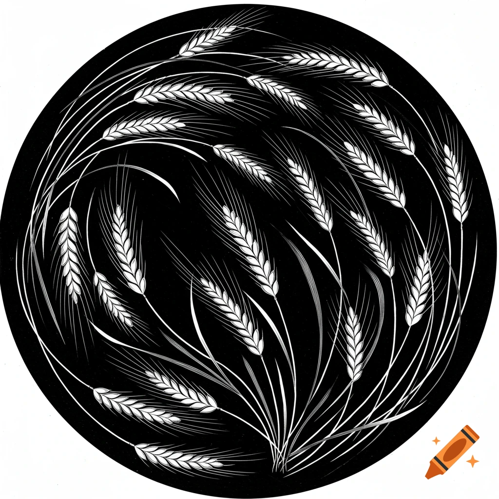 A black and white circular illustration of stylized wheat ears spiraling upwards from a central point.