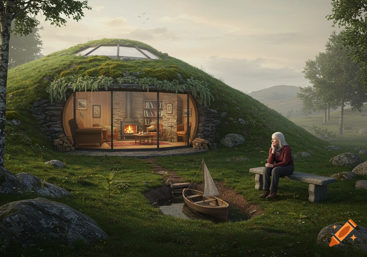 A cozy, photorealistic earth-cave dwelling built into a green hill, an older woman sits on a bench, gazing at a tiny boat.