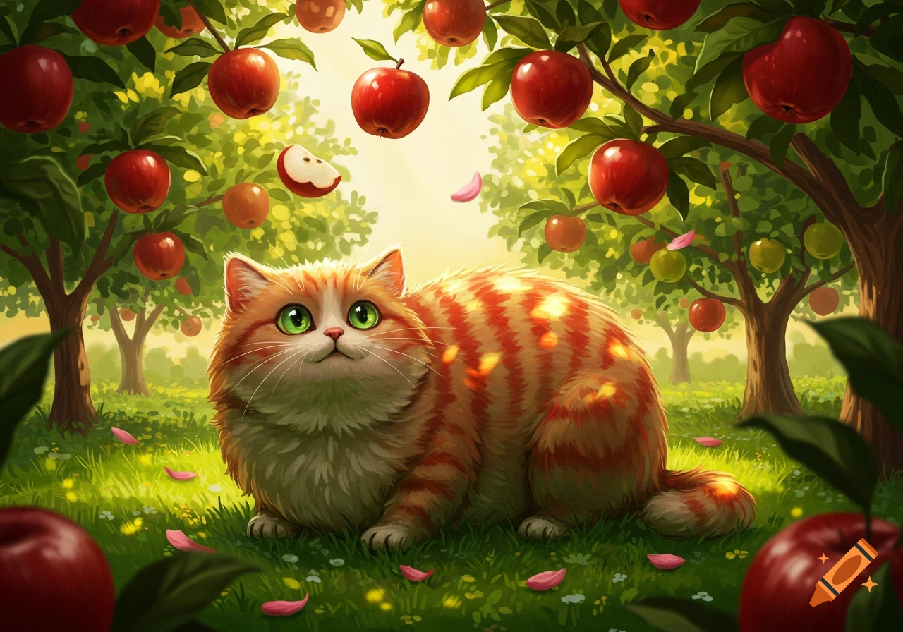 A fluffy orange and white cat with bright green eyes lies in a sunny apple orchard with red apples on trees.