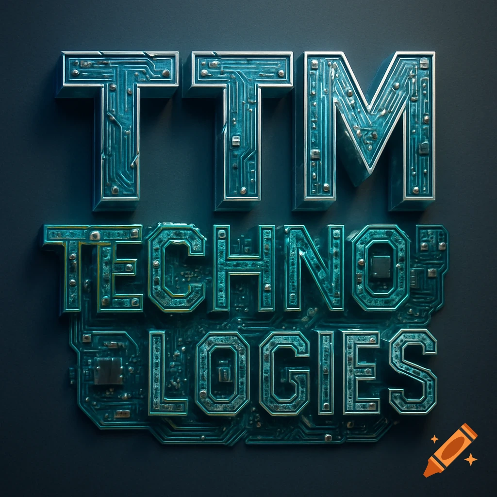 The words TTM TECHNOLOGIES rendered as glowing circuit board elements on a dark background.