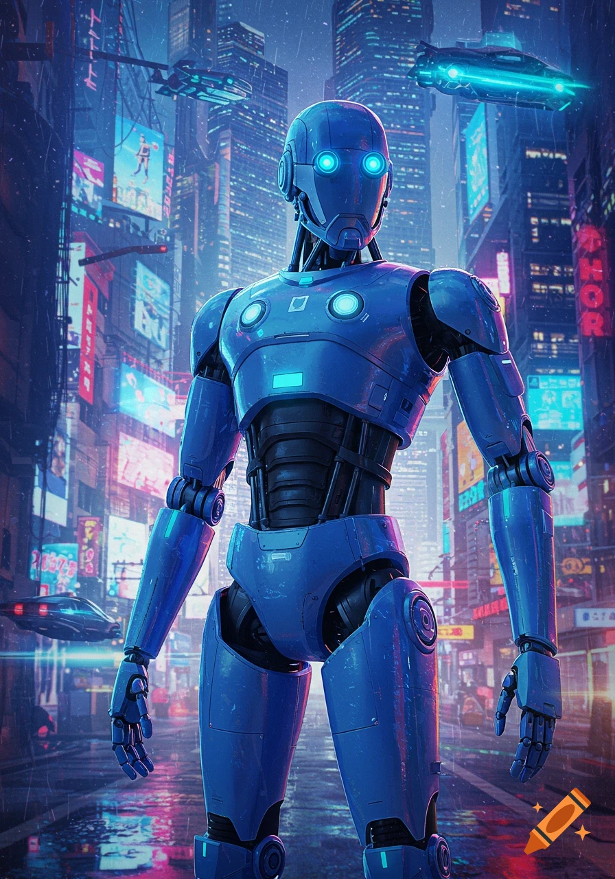 A blue robot stands on a wet, rainy street in a neon-lit futuristic city with flying vehicles.