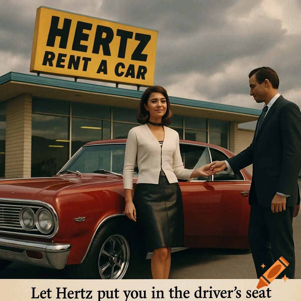 A man and woman in 1960s attire stand by a red vintage car in front of a Hertz 'Rent A Car' building under a cloudy sky.