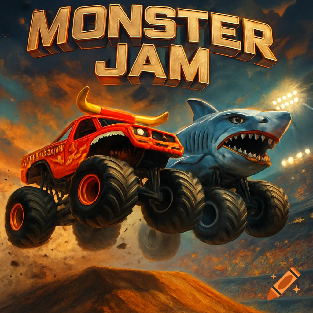 El Toro Loco and Megalodon monster trucks jump over a dirt ramp with 'MONSTER JAM' text above them, in a stadium.