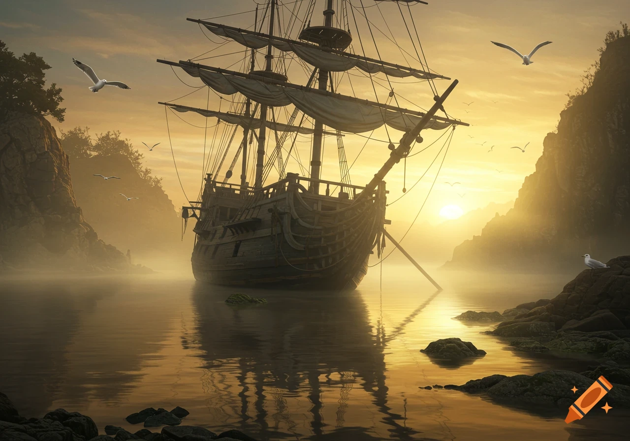 An old pirate ship is grounded in a misty bay at golden hour, surrounded by rocky cliffs and flying seagulls.