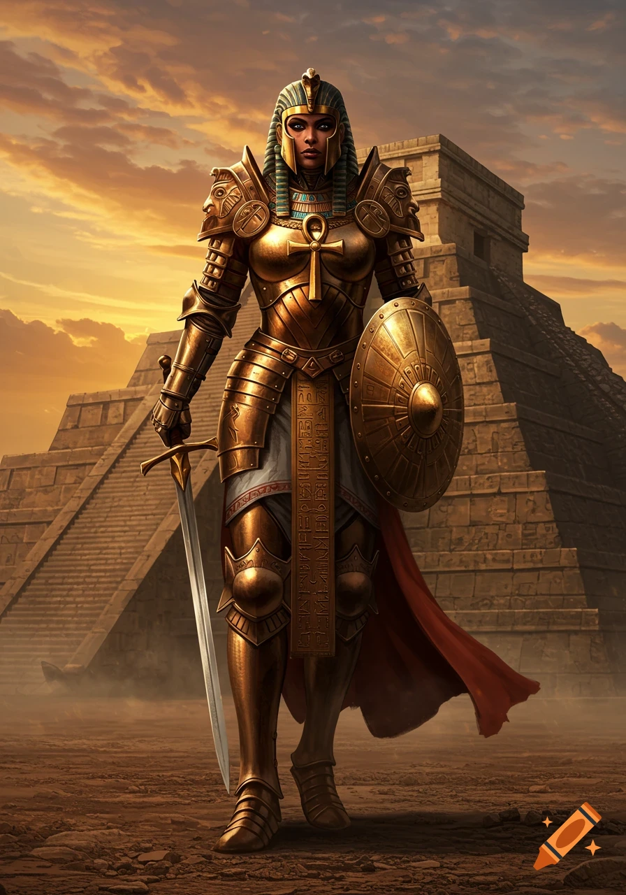 A dark-skinned woman warrior in golden Egyptian-style armor with a sword and shield stands before a Maya pyramid under an orange sky.