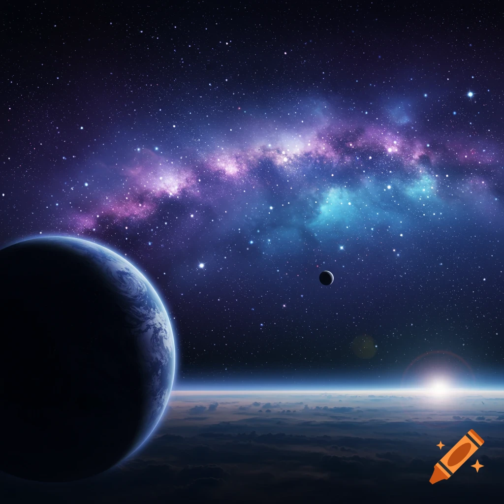 A blue planet viewed from space with a vibrant purple and blue galaxy, distant moon, and a glowing sun on the horizon.