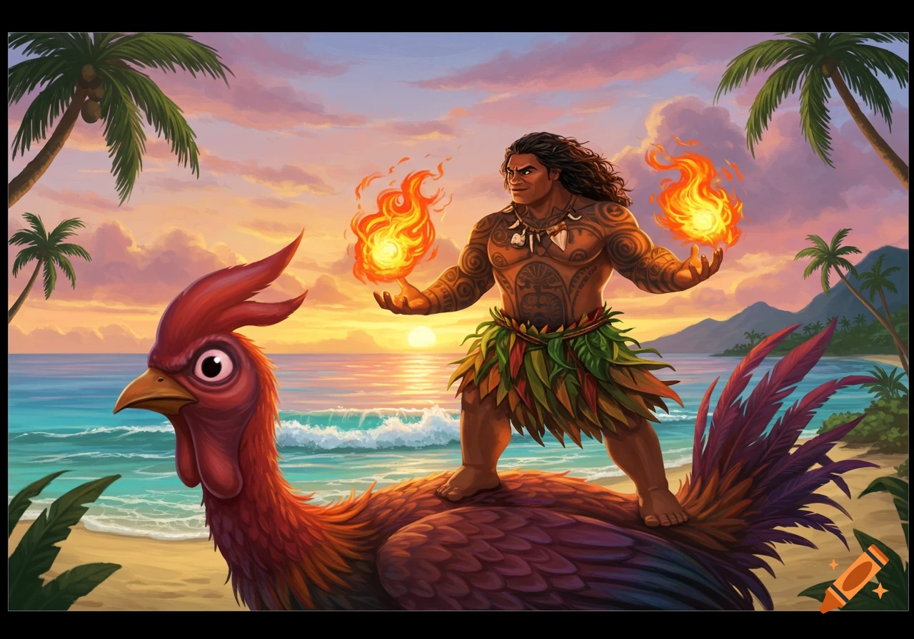 Maui the demigod stands on a giant rooster on a tropical beach at sunset, holding fire in his hands, in a cartoon style.