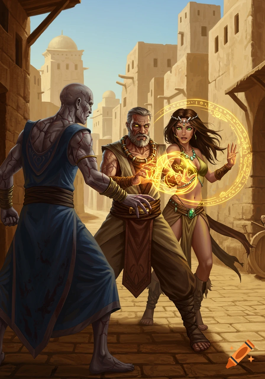 Fantasy illustration of two mages, a man and a woman, creating a golden magic barrier against a corrupted bald man in a desert city.