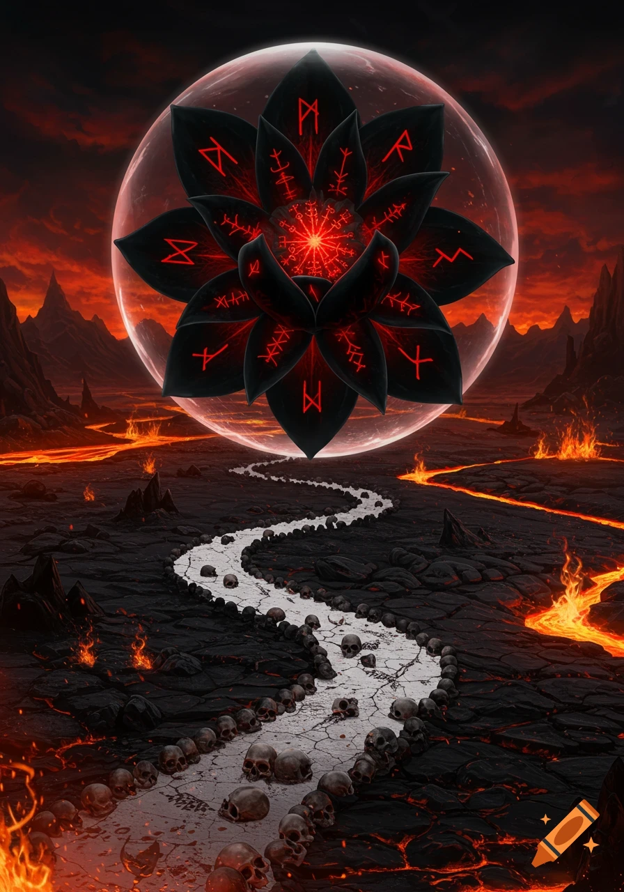 Dark lotus flower with glowing red runes, floating above a skull path in a hellish, lava-filled wasteland under a red moon.