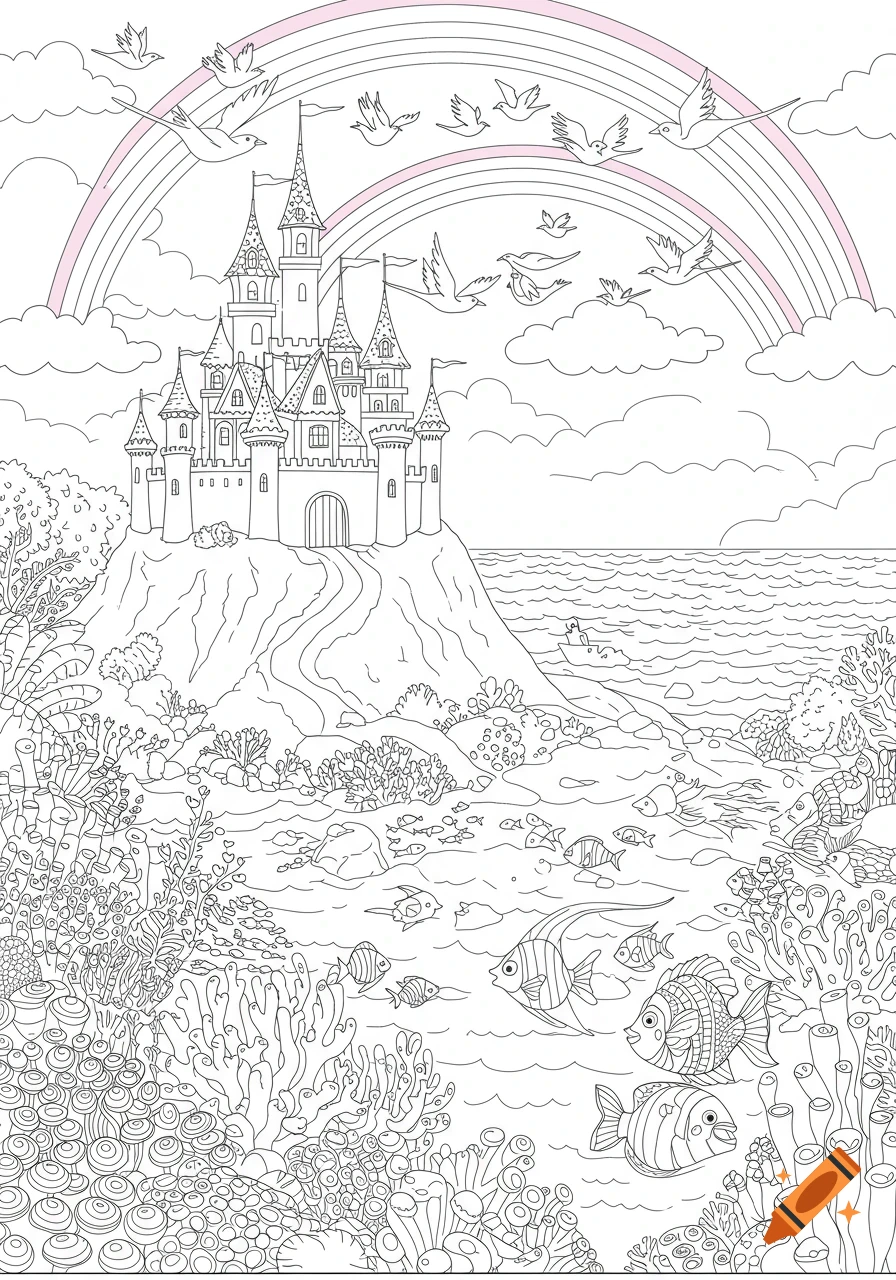 A black and white coloring page of a fairytale castle on a cliff overlooking an ocean with fish and corals, under a rainbow and birds.