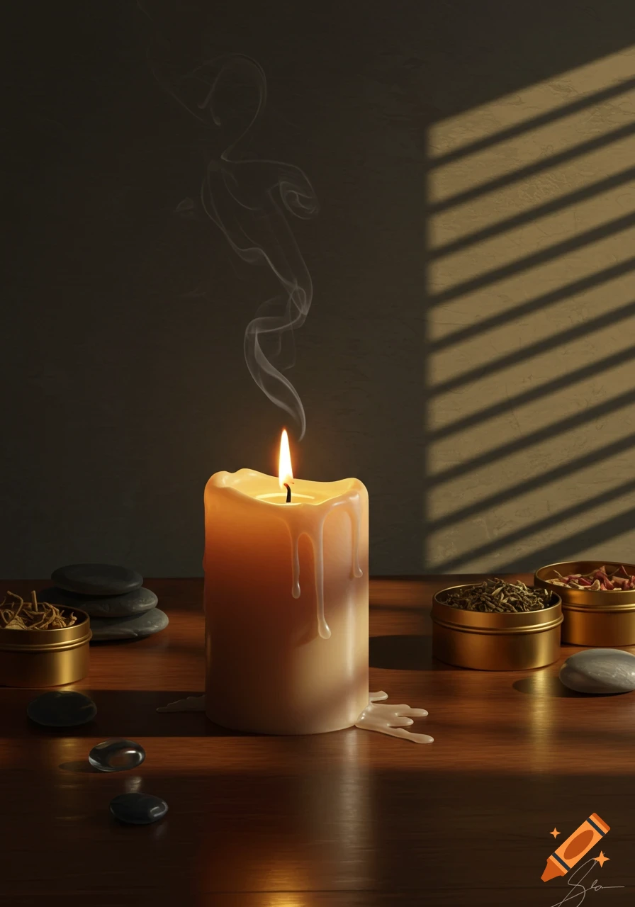 A lit, melting candle on a wooden table with meditation stones, containers, and striped window shadows. Photorealistic.