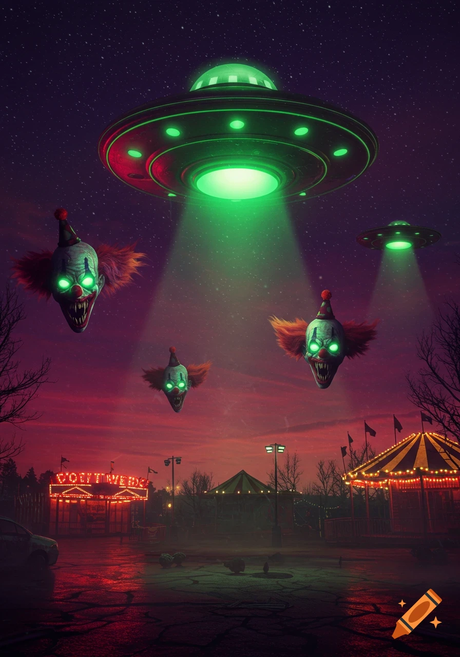 Scary clown heads float in a starry night sky with UFOs beaming lights over an abandoned, eerie carnival.