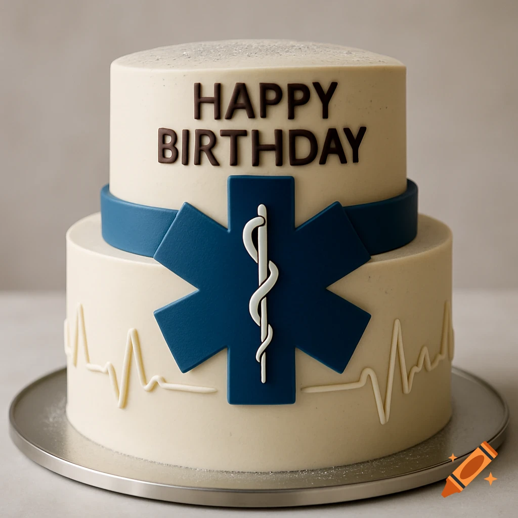 A two-tier cream-colored birthday cake decorated with "HAPPY BIRTHDAY" text, a blue Star of Life emblem, and an ECG heartbeat line.