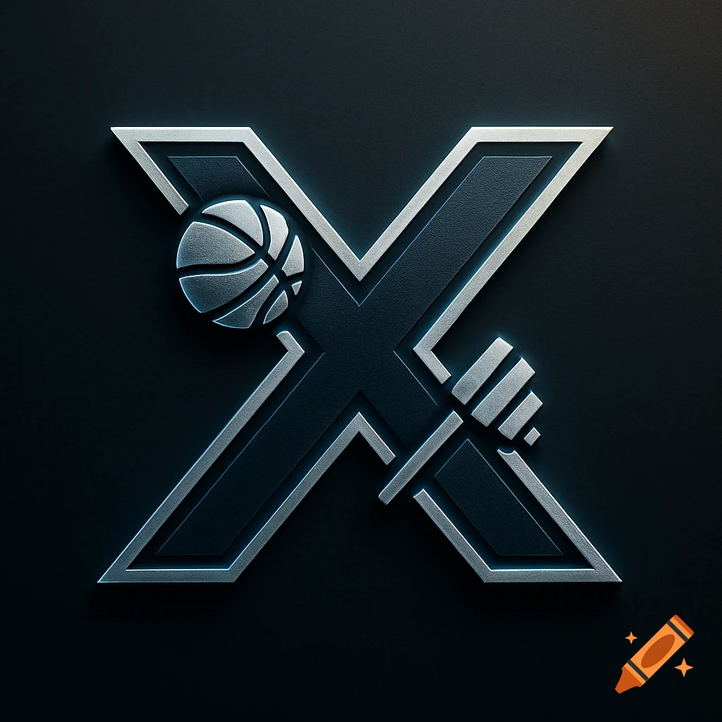 A metallic letter X logo with a basketball and a dumbbell integrated into its design on a dark background.