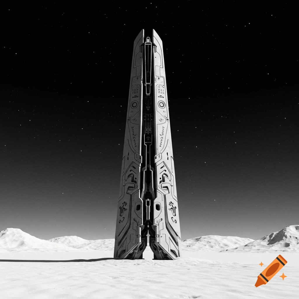 A tall, futuristic, grey and white obelisk-like monument stands in a barren, snowy alien landscape under a starry black sky.