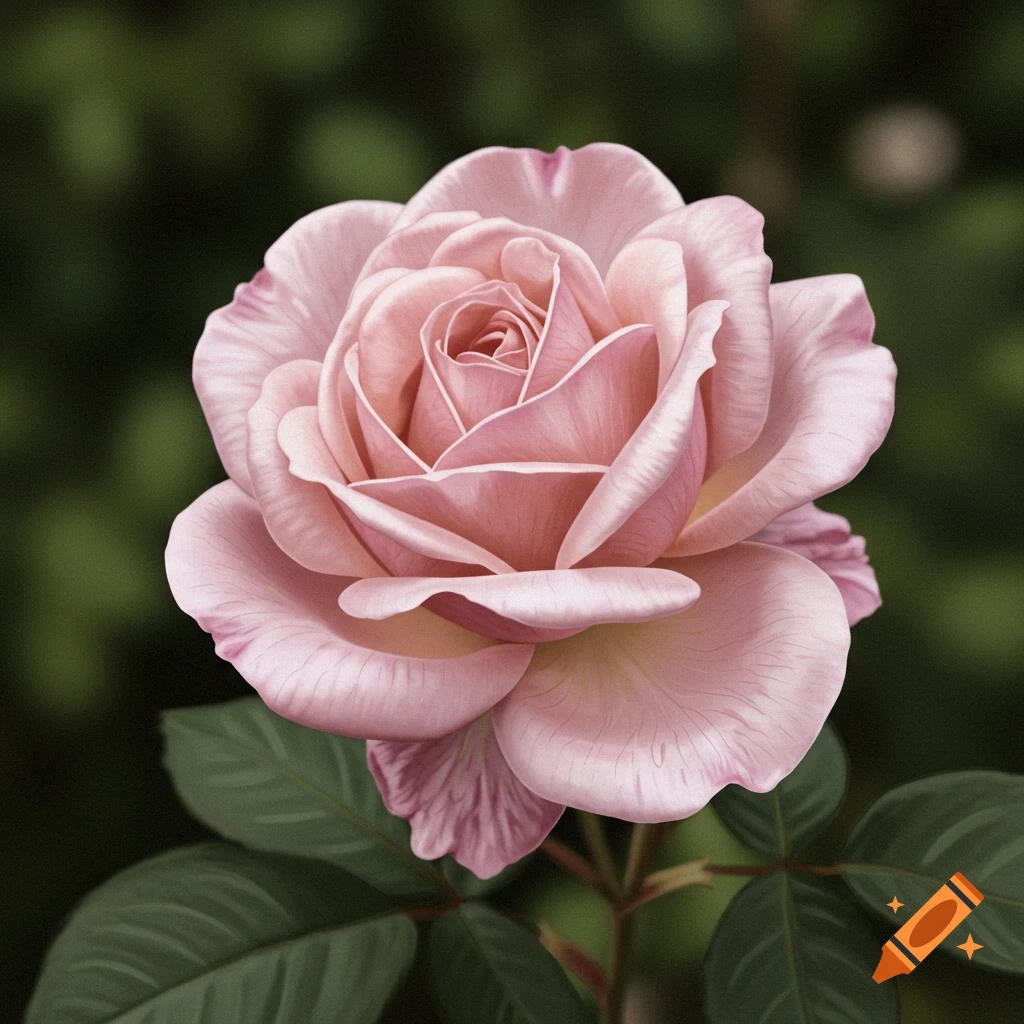 A close-up of a single light pink rose with green leaves against a dark green background.