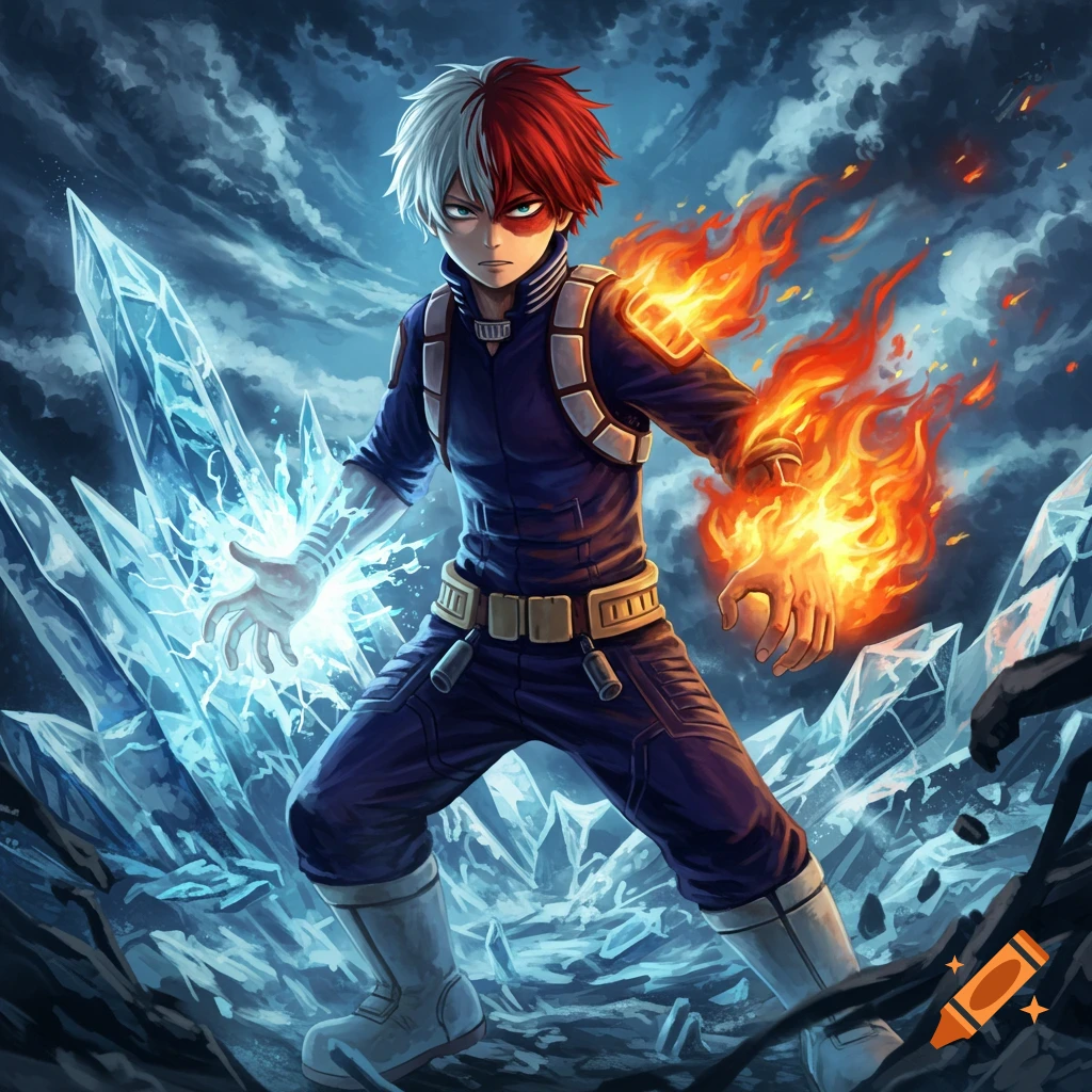 Anime character Shoto Todoroki unleashes ice from his left hand and fire from his right, standing amid jagged ice and debris.