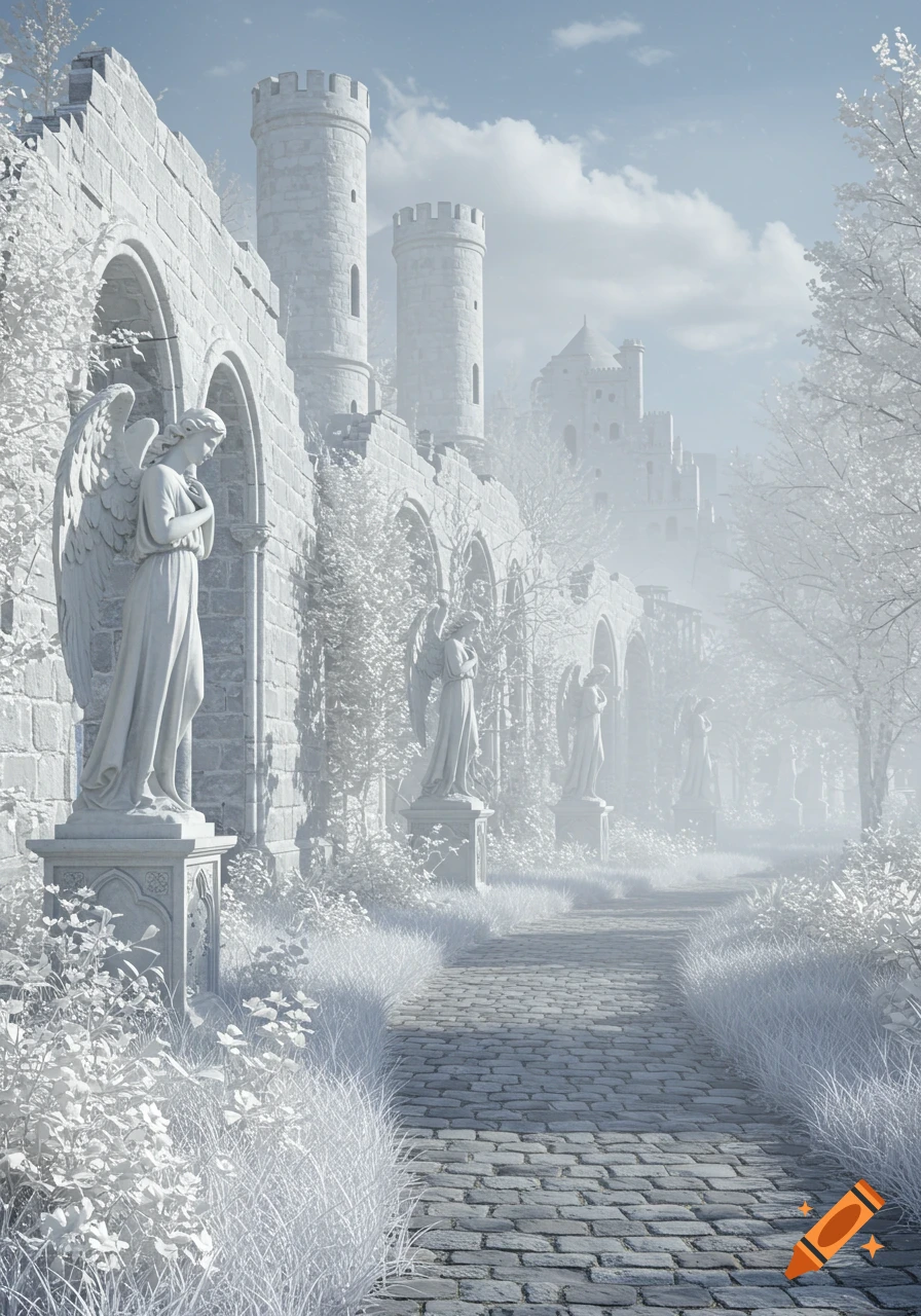 A cobblestone path through a crumbling white garden with angel statues, frost-covered plants, and distant castle towers.