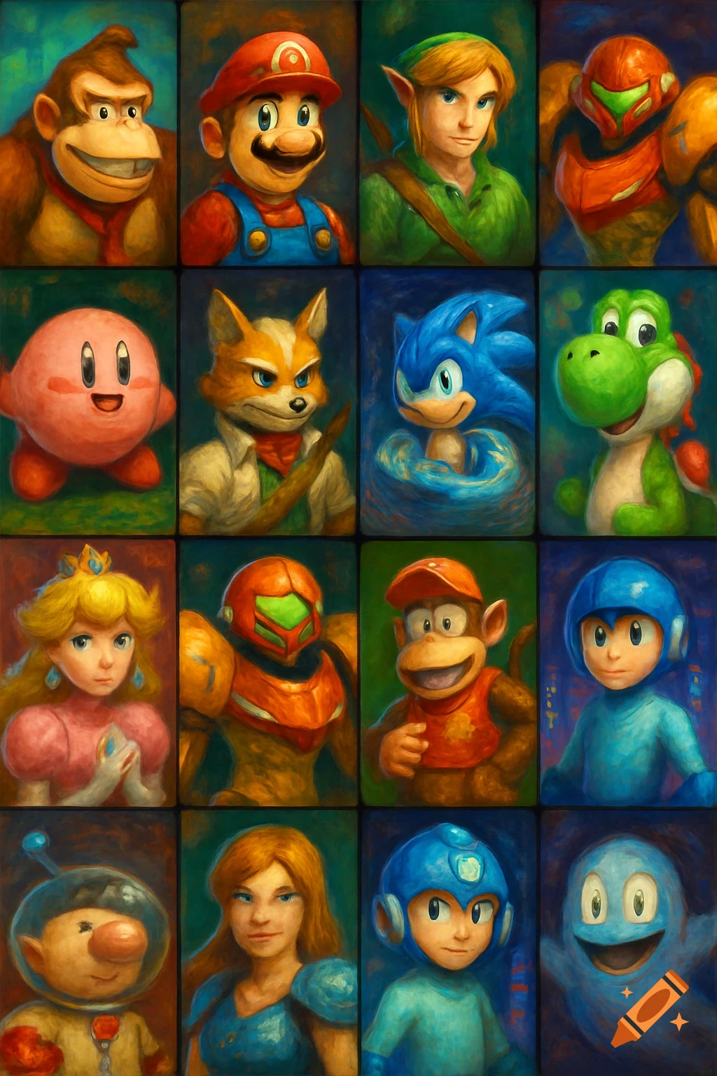 A grid of sixteen stylized, painterly portraits of iconic video game characters including Mario, Link, Sonic, Kirby, Peach, Donkey Kong, and Samus.