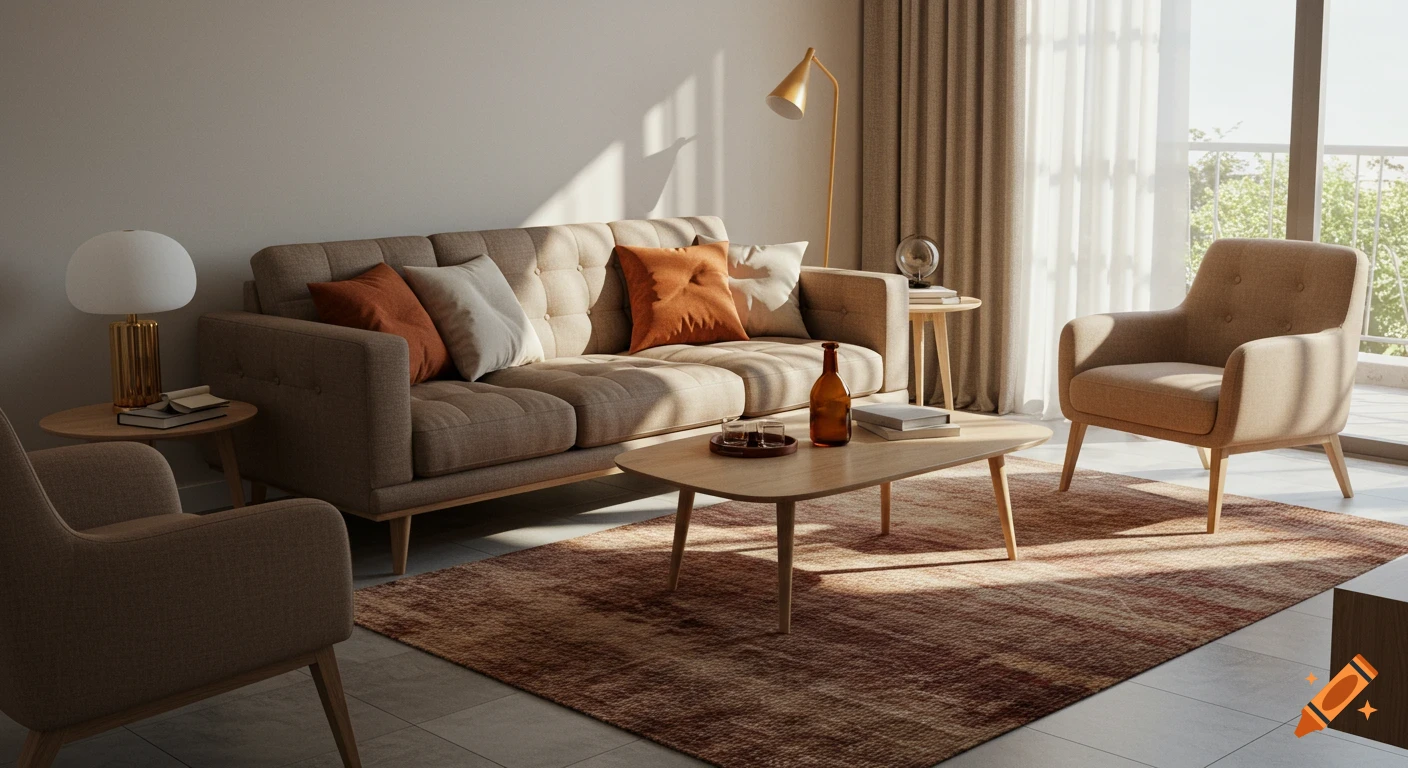 Photorealistic image of a modern, cozy living room with a light mocha sofa, armchair, coffee table, and warm rug.