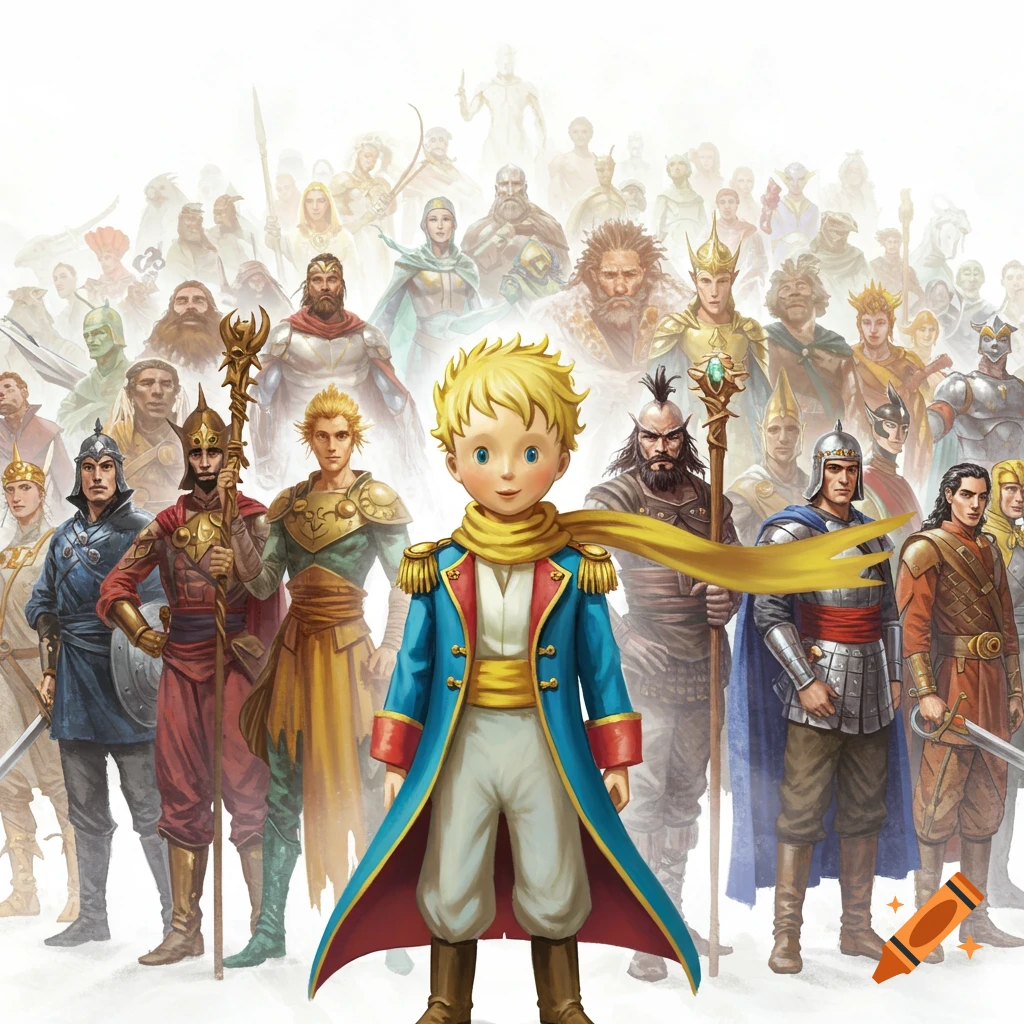 The Little Prince stands at the forefront of a diverse crowd of fantasy heroes and warriors, digitally illustrated.