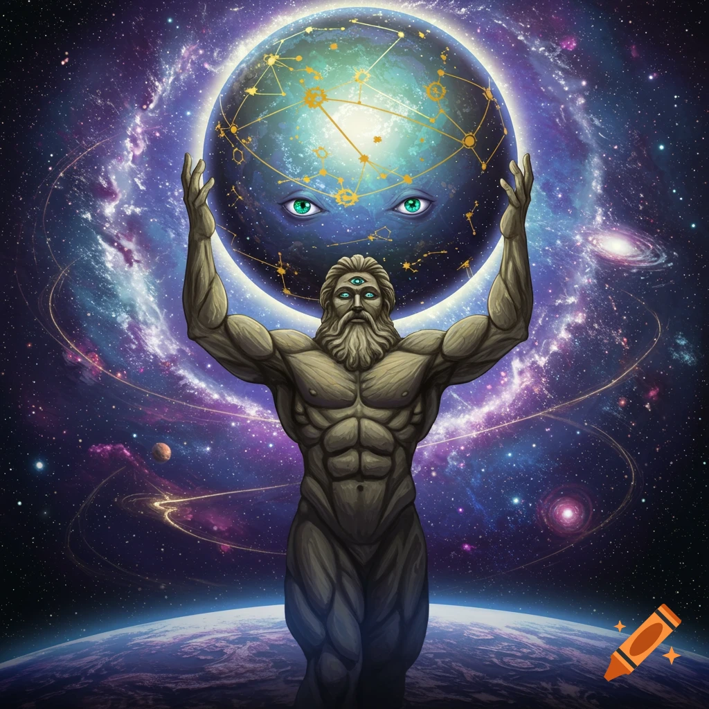 A muscled, bearded figure with a third eye holds a glowing, eye-filled planet against a vibrant galaxy.