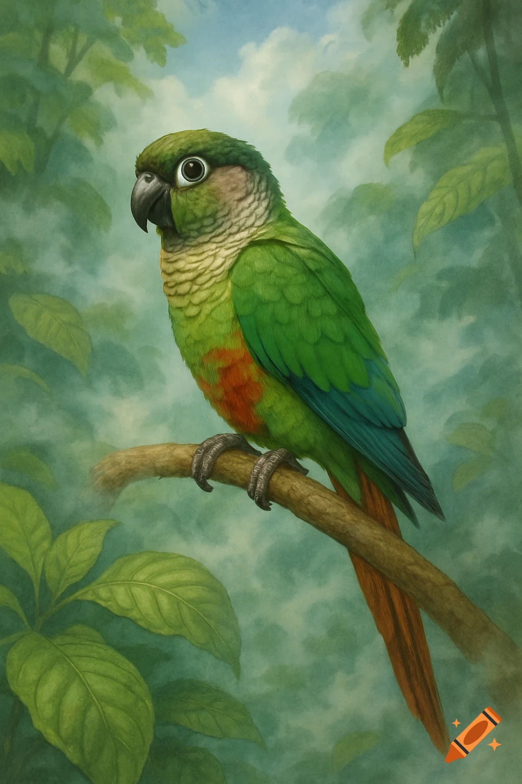 A vibrant green-cheeked conure parrot with a reddish belly and blue tail feathers perches on a branch in a misty jungle.