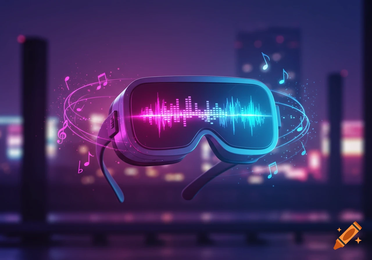 A VR headset displays a glowing pink and blue sound wave, surrounded by swirling musical notes, against a blurred neon city background in a digital art style.