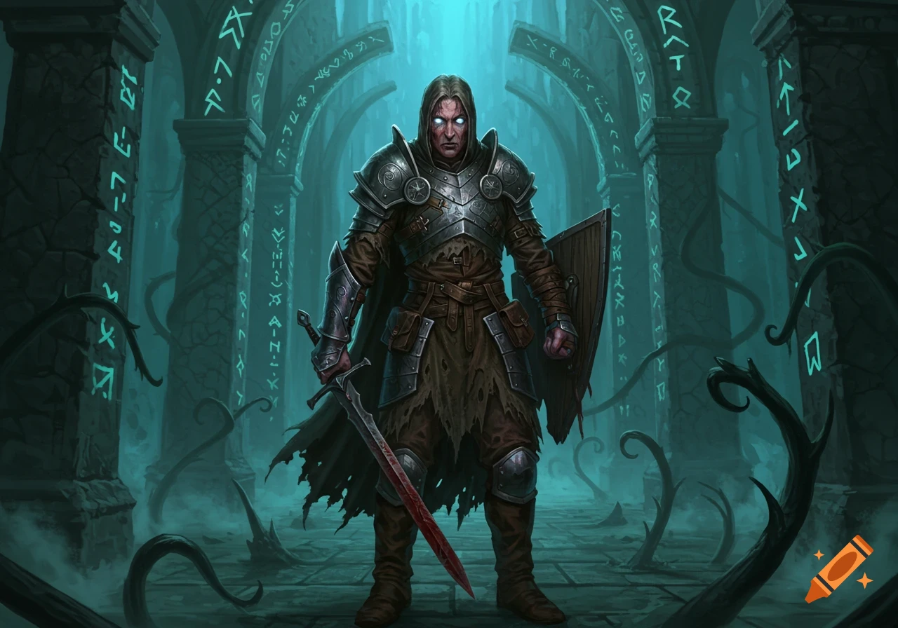 A grim warrior in worn armor and tattered cloak, with glowing white eyes, holds a bloody sword and wooden shield amidst a rune-etched, misty ancient labyrinth.