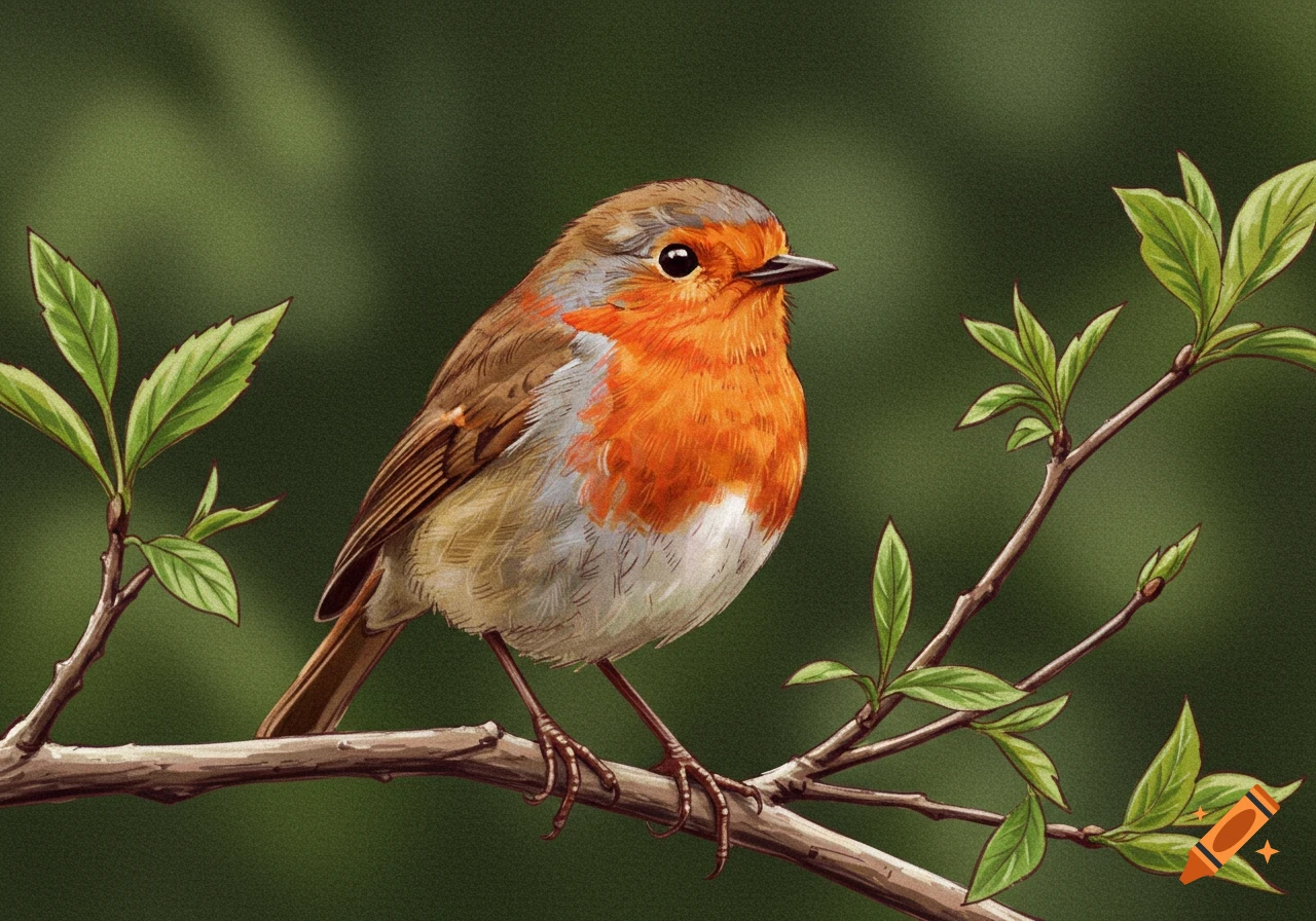 A drawing of a robin with an orange breast, brown back, and grey head, perched on a leafy branch against a blurred green background.