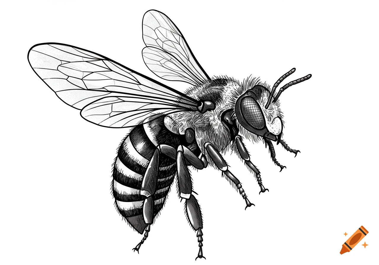 Detailed black and white illustration of a bee in flight, rendered with fine lines and stippling on a white background.